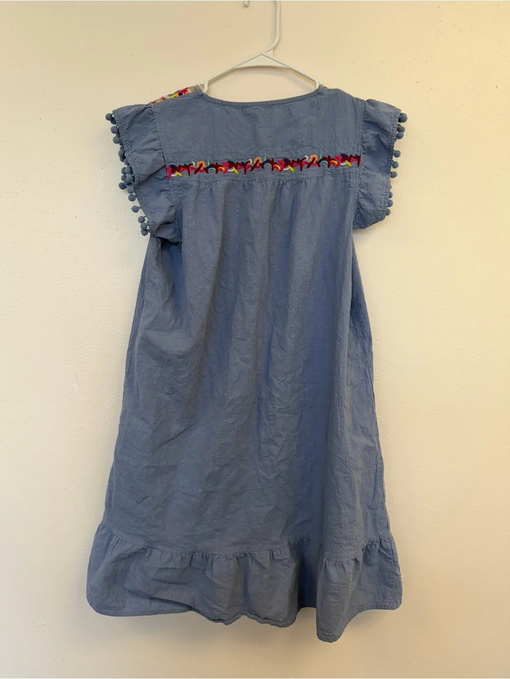 Girls Blue Embroidered Cotton Casual Dress with Pom-Pom Sleeves